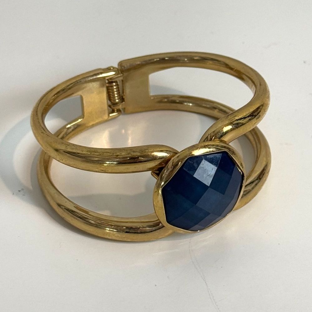 Gold Tone Blue Gemstone Hinged Cuff Bracelet